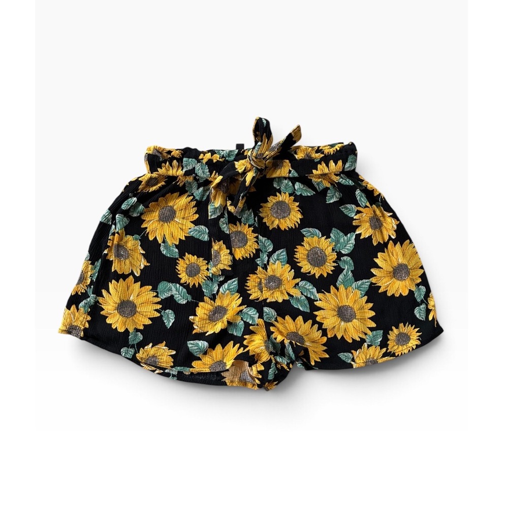 H&M Divided Sunflower Print Paperbag Waist Shorts Black Yellow Floral Size 4